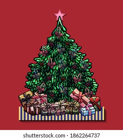 Postcard with fir tree, toys, cartoon style, red, star, presents, tree, striped, New year, new year toys, party, congratulation, card, greeting, decor, decoration, winter, december, typography, invite