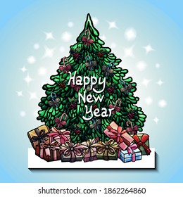 Postcard with fir tree, toys, cartoon style, blue, snowflakes, gifts, tree, New year, new year toys, bow, cane caramel, party, congratulation, card, greeting, decor, decoration, winter, december, tape