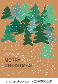 Postcard with fir trees and wishes of Merry Christmas.