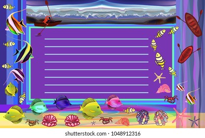 Postcard with fish, seashells, starfish. Mountains with a boat and a man in the background. Notebook