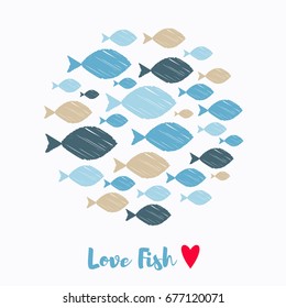 Postcard with fish. Strokes texture. Blue fish on a white background.