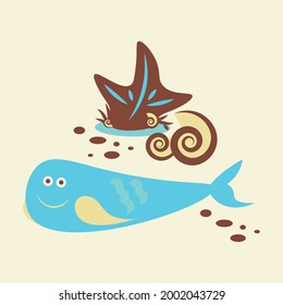 
Eine Postkarte mit einem Fisch, der lächelt und Korallen mit Muscheln.