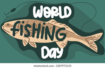 A postcard for the Fisherman's Day with a big fish and text on it and a hook on a fishing line next to it. printing of postcards and t-shirts. the subject of the fisherman's congratulations