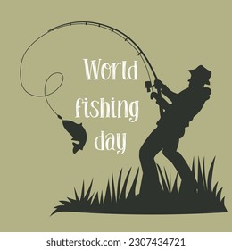 A postcard for fisherman's day with a silhouette of a man who caught a fish on a fishing rod. Fishing as a vacation. Banner with a dark silhouette, outline. Printing on greeting cards
