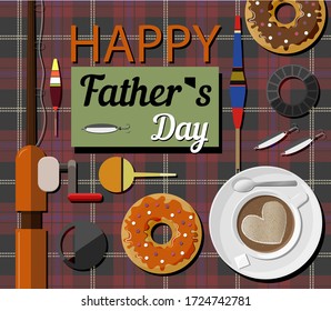 A postcard with fishing gear, doughnuts and a fishing rod for father s Day. Illustration with an English cage. Congratulations with hooks, floats, lures and reels for fishing. Bright and stylish