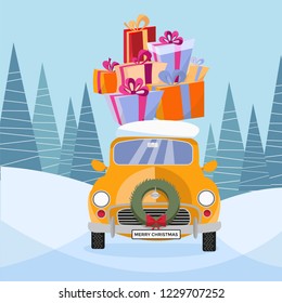Postcard in flat cartoon style with cute yellow retro car decorated with Christmas wreath that carries gift colorful boxes with ribbons, bows home. car rides through frozen forest. Vector illustration