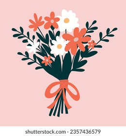 Postcard in flat style. A beautiful, lush bouquet of fresh flowers.