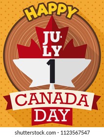 Postcard in flat style and long shadow with maple leaf like loose-leaf calendar over wooden trunk and ribbons with greetings to celebrate Canada Day in July 1.