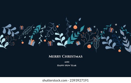 Postcard in flat style. Vector stock illustration. Christmas and New Year. Holidays. Flat style. Plants, oranges and gifts. Doodle. Dark background. 