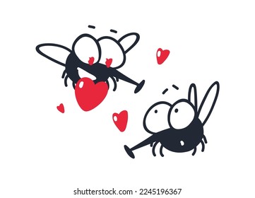 Postcard with flies in love. The cartoon character confesses his love and gives his heart to his beloved. Funny couple in love for valentine's day card. Design element on the theme of love.