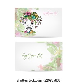 Postcard floral design with cute girl sketch