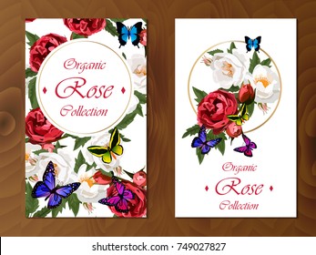 Postcard with floral design. Roses print. Celebration or wedding invitation card with roses