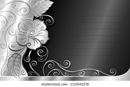 Postcard with floral ornament in silver and black colors
