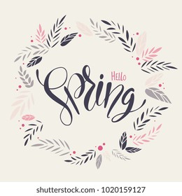 Postcard with floral ornamental border and words Hello Spring on white.