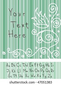 Postcard with a floral pattern in green stripes, plus a handwritten script