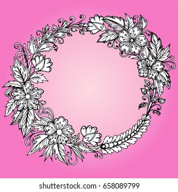 Postcard flower frame invitations Zentangle photo frame on pink background. In the coloring book for adults. Vector illustration.
