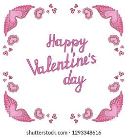 Postcard with flower garlands on the background of hearts and with the inscription. Valentine's day, Declaration of love. Easy to use, all items are separated. Vector illustration of pink, red