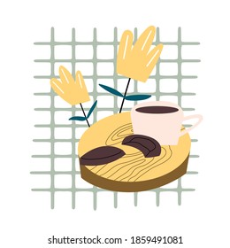 Postcard with flowering plants, a Cup of tea and chocolate cookies on a wooden stand. Cozy composition with a hot drink and dessert. Flat vector cartoon illustration isolated on a white background.