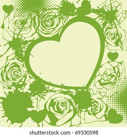 postcard with flowers and heart on green background. Vector illustration