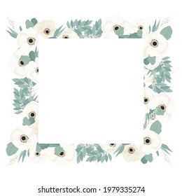 Postcard with flowers and leaves. Design concept for cards, labels and wedding invitations. Bouquets of flowers and golden round frame. Vector decorative isolated postcard.