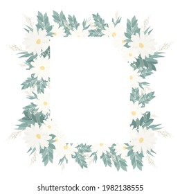 Postal con flores y hojas. Concepto de diseño para tarjetas, etiquetas e invitaciones a bodas. Bouquets de flores y marco redondo dorado. Postal aislada decorativa vectorial.