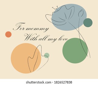 Postcard with flowers. For mommy written at the bottom of the postcard.Happy mother's day, love, relationship. Flat vector illustration