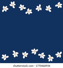 Postcard with flowers on a blue background.Cute white flowers on top and bottom on a blue background