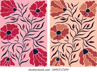 Postcard with flowers. Stylized flowers. Postcard in flesh tones. Sticker with flowers.