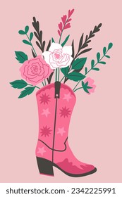 Postcard flowers in a trendy cowgirl boot . Vector graphics.