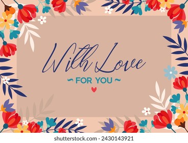 Postal con flores en vector. Hermoso marco de flores en vector, estilo plano.