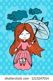 Postcard, flyer, banner, print for clothes. Girl with an umbrella. Dreams, clouds