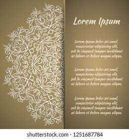 Postcard flyer, frame for congratulations on the wedding, Valentines Day, birthday, invitation, gratitude, celebration, Declaration of love. Vector gold brown background with mandala drawing. eps10