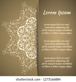 Postcard flyer, frame for congratulations on the wedding, Valentines Day, birthday, invitation, gratitude, celebration, Declaration of love. Vector gold brown background with mandala drawing. eps10
