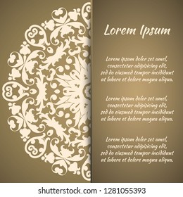 Postcard flyer, frame for congratulations on the wedding, Valentines Day, birthday, invitation, gratitude, celebration, Declaration of love. Vector gold brown background with mandala drawing. eps10