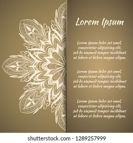 Postcard flyer, frame for congratulations on the wedding, Valentines Day, birthday, invitation, gratitude, celebration, Declaration of love. Vector gold brown background with mandala drawing. eps10