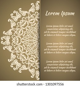 Postcard flyer, frame for congratulations on the wedding, Valentines Day, birthday, invitation, gratitude, celebration, Declaration of love. Vector gold brown background with mandala drawing. eps10