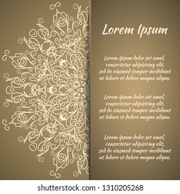 Postcard flyer, frame for congratulations on the wedding, Valentines Day, birthday, invitation, gratitude, celebration, Declaration of love. Vector gold brown background with mandala drawing. eps10