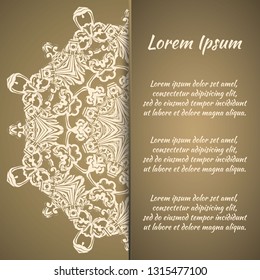 Postcard flyer, frame for congratulations on the wedding, Valentines Day, birthday, invitation, gratitude, celebration, Declaration of love. Vector gold brown background with mandala drawing. eps10