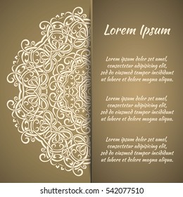 Postcard flyer, frame for congratulations on the wedding, Valentines Day, birthday, invitation, gratitude, celebration, Declaration of love. Vector gold, brown background with mandala drawing. eps10