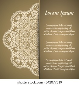 Postcard flyer, frame for congratulations on the wedding, Valentines Day, birthday, invitation, gratitude, celebration, Declaration of love. Vector gold, brown background with mandala drawing. eps10