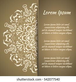 Postcard flyer, frame for congratulations on the wedding, Valentines Day, birthday, invitation, gratitude, celebration, Declaration of love. Vector gold, brown background with mandala drawing. eps10