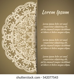 Postcard flyer, frame for congratulations on the wedding, Valentines Day, birthday, invitation, gratitude, celebration, Declaration of love. Vector gold, brown background with mandala drawing. eps10