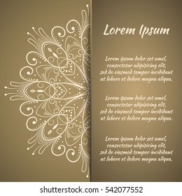 Postcard flyer, frame for congratulations on the wedding, Valentines Day, birthday, invitation, gratitude, celebration, Declaration of love. Vector gold, brown background with mandala drawing. eps10