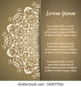 Postcard flyer, frame for congratulations on the wedding, Valentines Day, birthday, invitation, gratitude, celebration, Declaration of love. Vector gold, brown background with mandala drawing. eps10