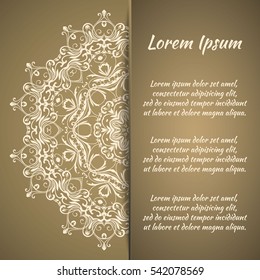 Postcard flyer, frame for congratulations on the wedding, Valentines Day, birthday, invitation, gratitude, celebration, Declaration of love. Vector gold, brown background with mandala drawing. eps10