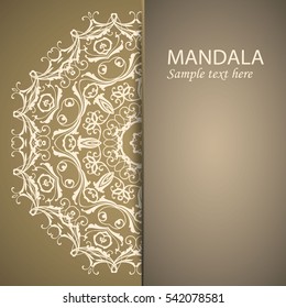 Postcard flyer, frame for congratulations on the wedding, Valentines Day, birthday, invitation, gratitude, celebration, Declaration of love. Vector gold, brown background with mandala drawing. eps10