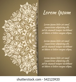 Postcard flyer, frame for congratulations on the wedding, Valentines Day, birthday, invitation, gratitude, celebration, Declaration of love. Vector gold, brown background with mandala drawing. eps10