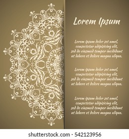 Postcard flyer, frame for congratulations on the wedding, Valentines Day, birthday, invitation, gratitude, celebration, Declaration of love. Vector gold, brown background with mandala drawing. eps10