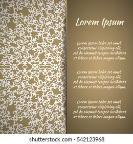 Postcard flyer, frame for congratulations on the wedding, Valentines Day, birthday, invitation, gratitude, celebration, Declaration of love. Vector gold, brown background with mandala drawing. eps10