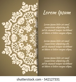 Postcard flyer, frame for congratulations on the wedding, Valentines Day, birthday, invitation, gratitude, celebration, Declaration of love. Vector gold, brown background with mandala drawing. eps10